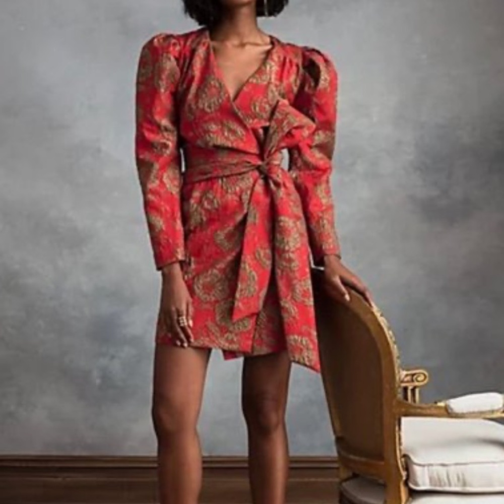 Happy x Nature red and gold embroidered wrap mini dress. Lined size 8. Worn once